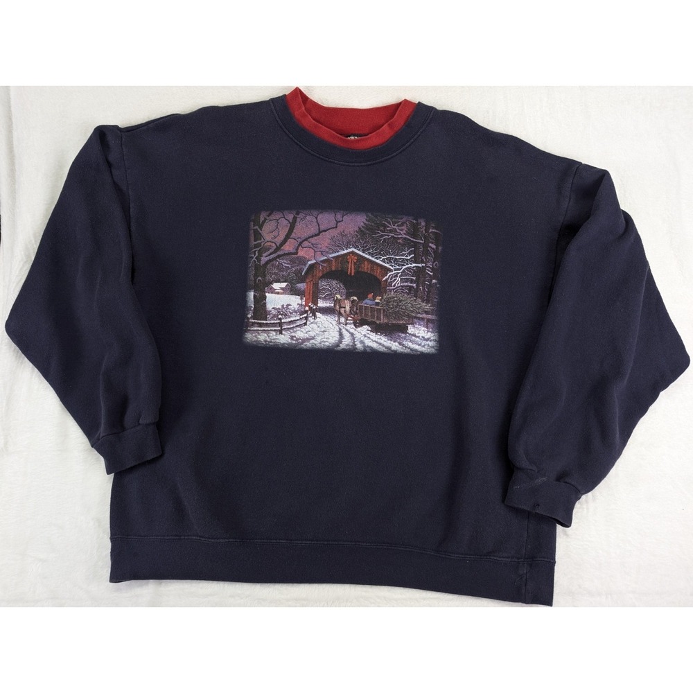 Vintage Graphic Print Sweatshirt Women XL Christmas Horse Carriage Grandma 90s